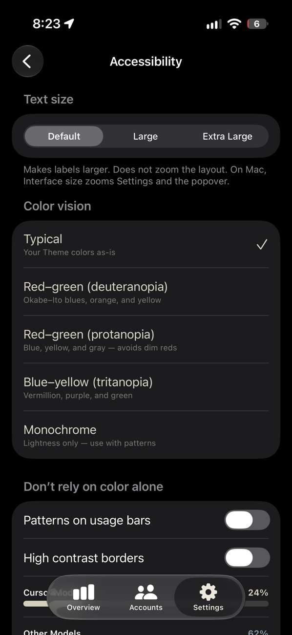 AI Meter accessibility settings on iPhone with color-vision palettes and pattern options.