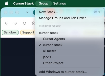 CursorStack group menu listing projects.