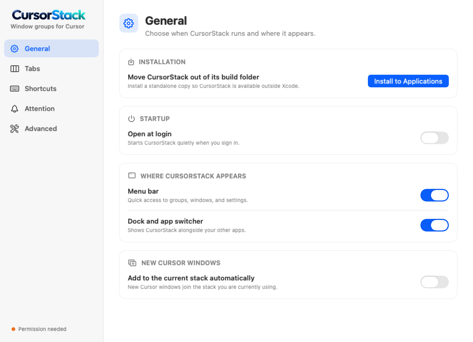 CursorStack General settings window.