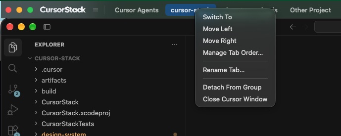 Right-click menu on a CursorStack tab.