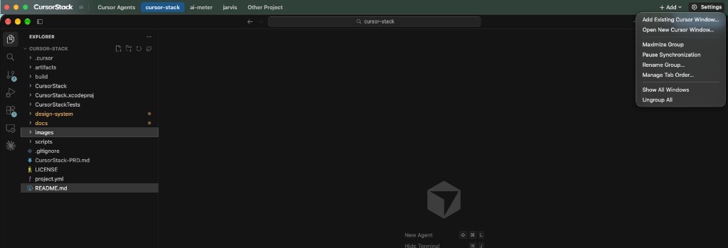 The CursorStack tab strip on a real Cursor window, with the Add menu open.