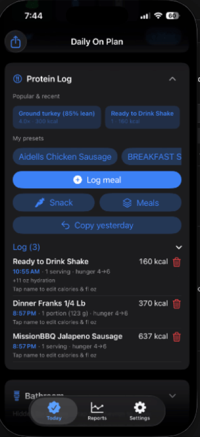 Daily On Plan protein log on iPhone, with meals and presets.